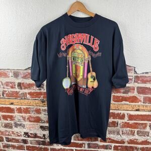 Vintage Nashville Shirt Mens 2XL Black Music City USA Jukebox Banjo Guitar 90s